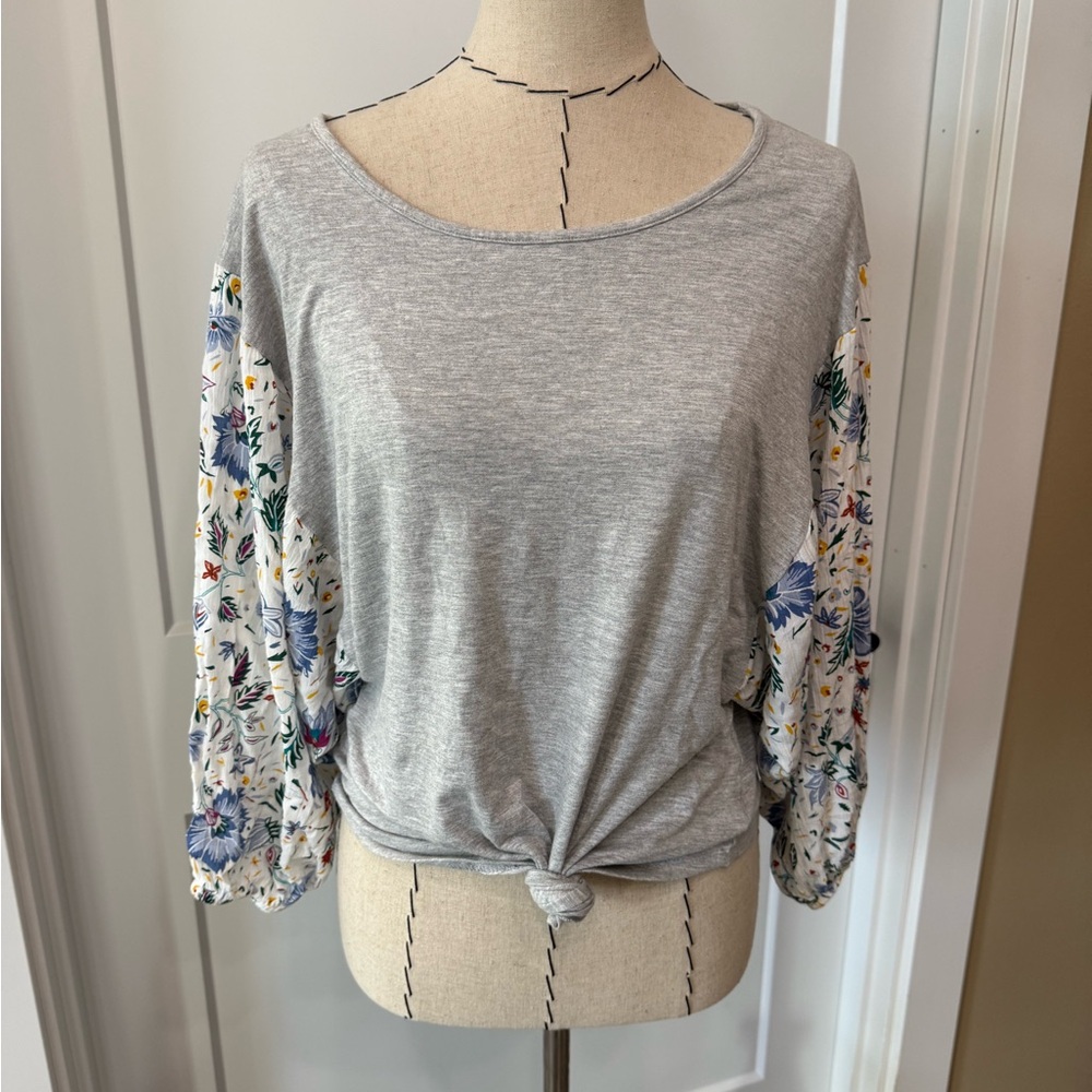 Daytrip Gray Top with Floral Sleeves